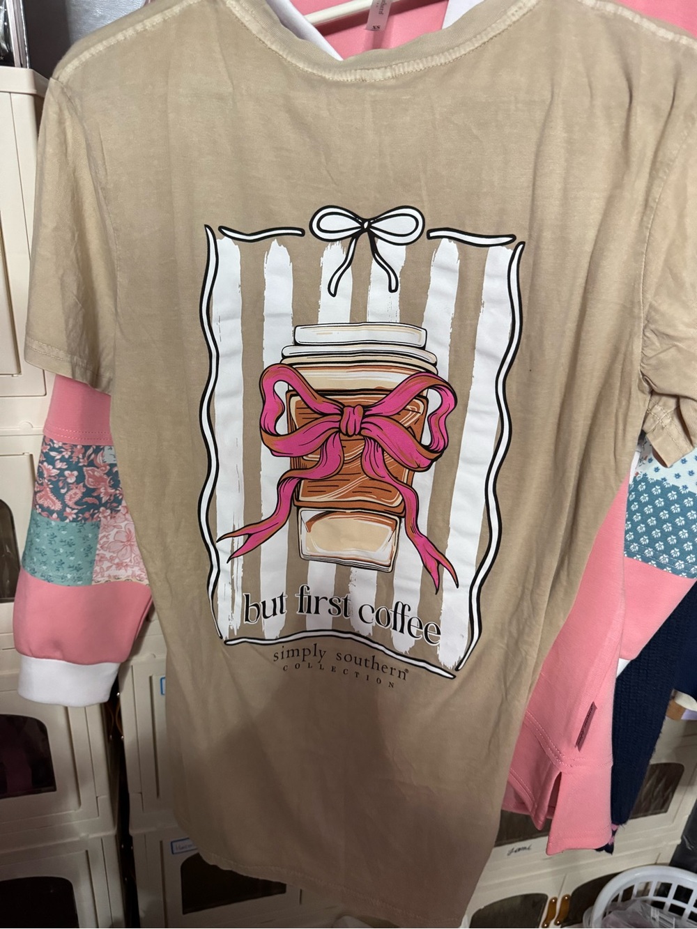 Simply Southern Tan Short Sleeve Tee with Pink Bow Coffee Graphic